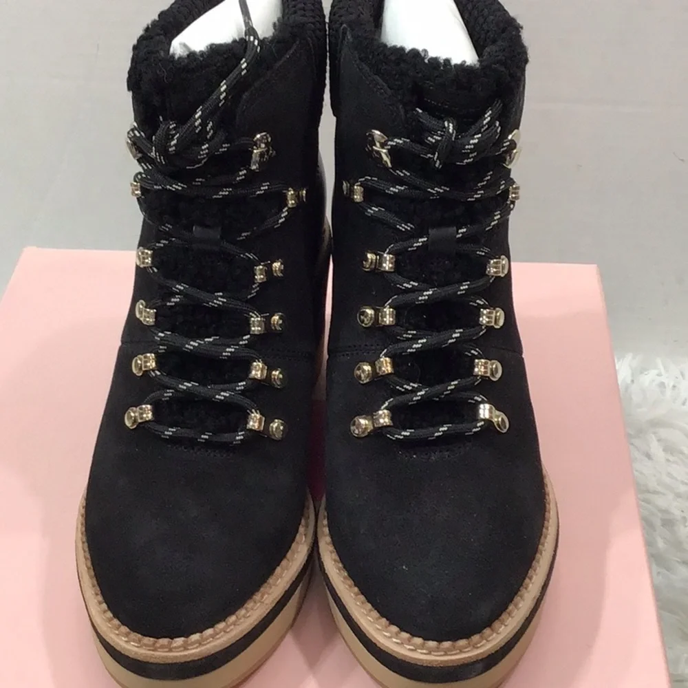 Kate Spade Black suede lamb fur Willow wedge heel Winter Boots with Tan Sole NIB